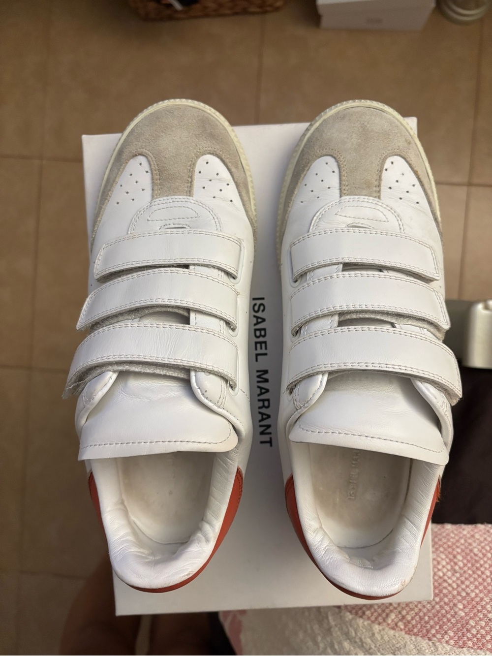 Isabel Marant White Leather Sneakers with Beige Suede and Orange Heel